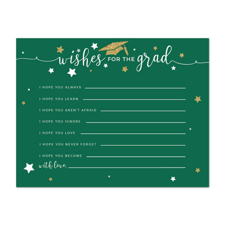 Emerald Forest Green and Gold Glittering Graduation Party, Wishes for Grad Cards, 20-Pack,