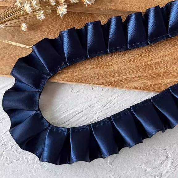 ERDOUY 118.11×0.98in Dark Blue Ruffle Pleated Lace Trim with Satin Ribbon, Elegant Gather Edge Lace for Applique, Sewing Crafts & Home Decoration