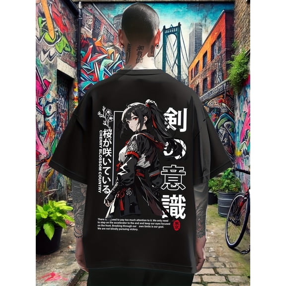 Men's Back‑Print Anime Girl Graphic T‑Shirt, Japanese Manga Streetwear Fashion Casual Summer Tee Men Tshirts