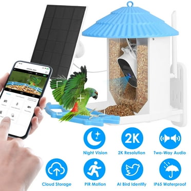 Moclever Bird Feeder with Camera, Solar Powered 2K Bird Watching Camera IP65 Waterproof with PIR Motion AI Birds Species Identify Two-Way Audio Gift for Bird Lover, 13.77x10.62x9.84in