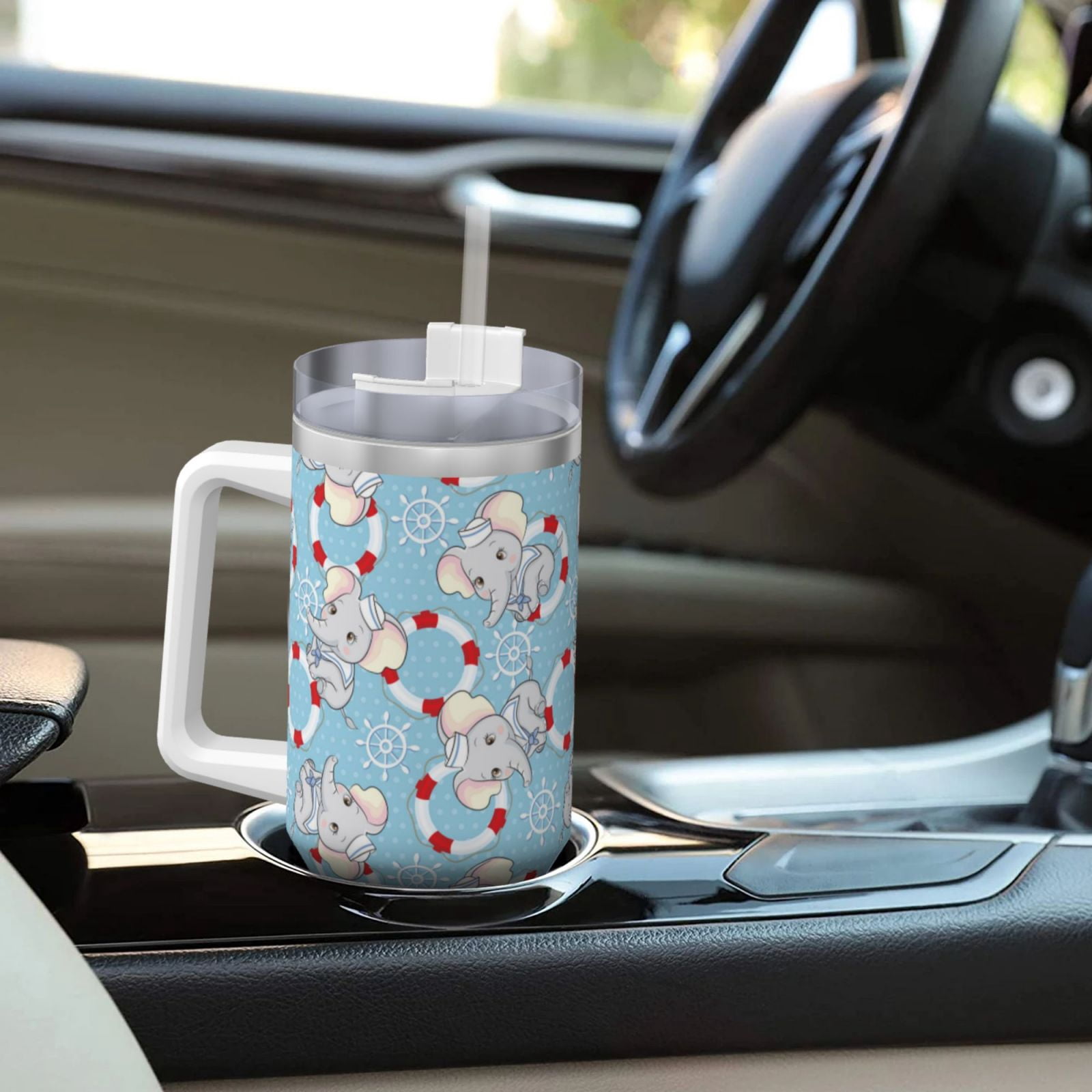 Gukieu Baby Elephant Print 40OZ Ice Cup, Stainless Steel Vacuum Kettle with Handle Suitable for Hot and Cold Drinks, Travel, Fitness