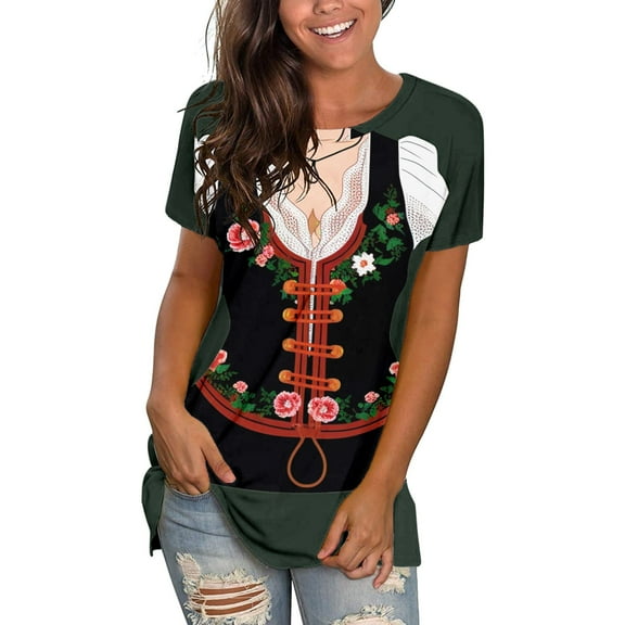 Charmgo Oktoberfest Shirt Women, Women Comfortable Printed Shirts Round Neck Short Sleeve Graphic Tees Tunic Tops Oktoberfest Outfits Women, Green Tops for Women Trendy XXXXL