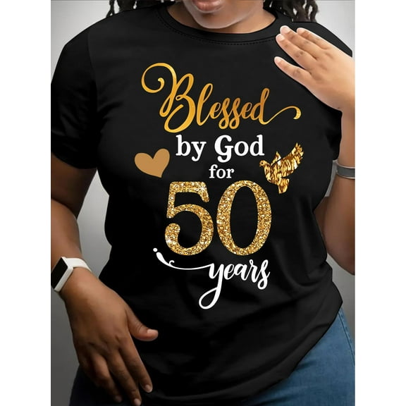 "Blessed by God for 50 Years" Glittering Number, Casual Crew Neck Short Sleeve Top, All-Season Knit Fabric Tee, Regular Length - Black