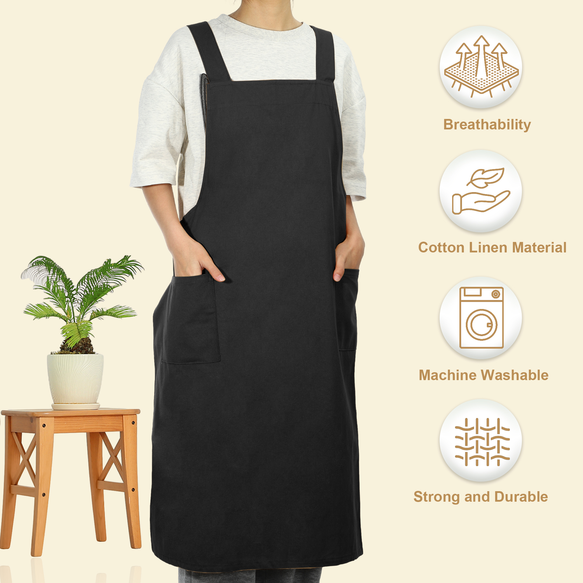 Unique Bargains Cotton Linen Apron Cross Back Apron with Pockets Black