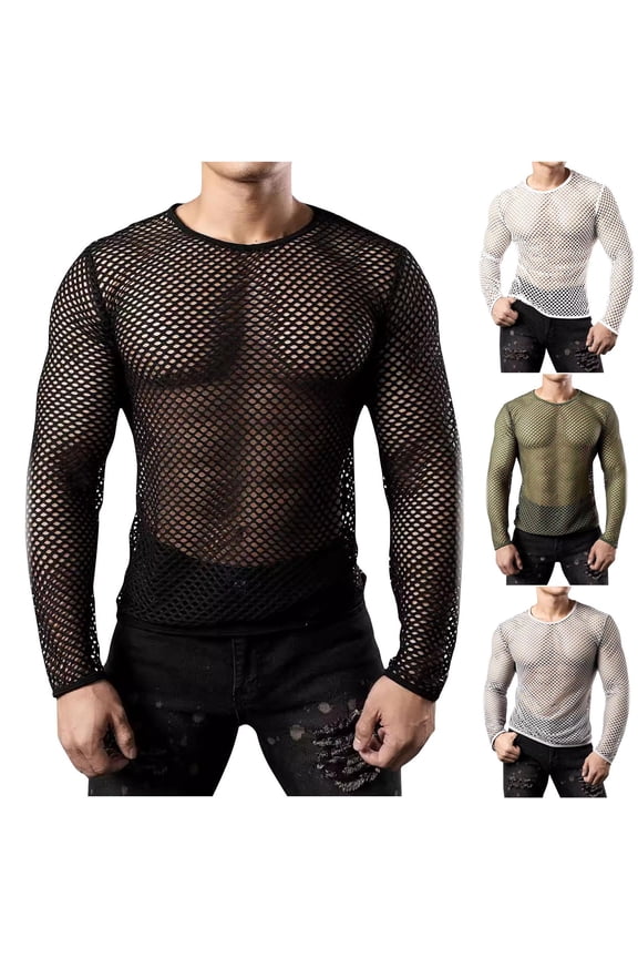 Men's Mesh Fishnet Top Long Sleeve Sheer T Shirt Fitted Muscle Blouse Clubwear Black M