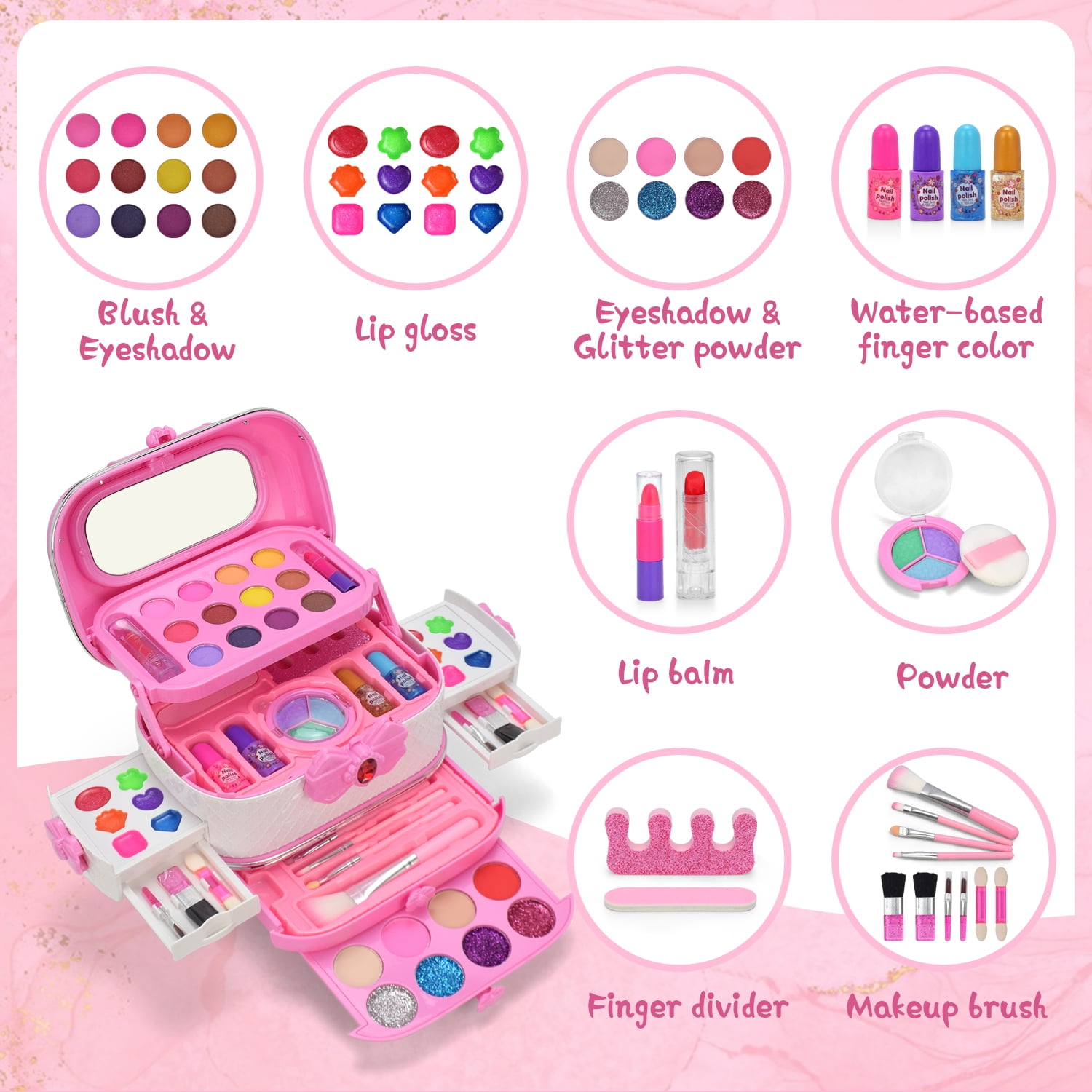 WATTNE Kids Makeup Kit for Girl, 55 Pcs Girl Toys Kids Makeup Set with Real Cosmetic, Washable Make Up Kit, Pretend Play Makeup Toys for 3 4 5 6 7 8 9 10 11 12 Years Old Kids Birthday Gifts (Pink)