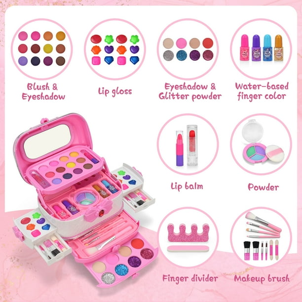 Set De Maquillaje Para Niñas De 55 Piezas: Maletín Con Espejo, Sombras, Coloretes, Esmaltes Y Pinceles, Lavable Y Seguro Para Niños De 3 A 9 Años