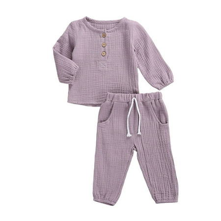 

Toddler Baby Girl Boy Cotton Linen Solid Color Pant Sets Long Sleeve Button Up Top+Drawstring Pants Outfit Set