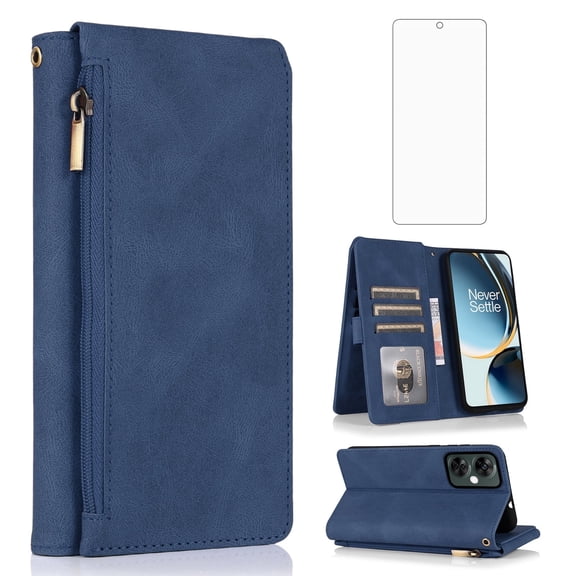Asuwish Wallet Kickstand Hard Shell Cell Phone Case with Tempered Glass Screen Protector for OnePlus Nord CE 3 Lite/ Nord N30/ K11x, Blue