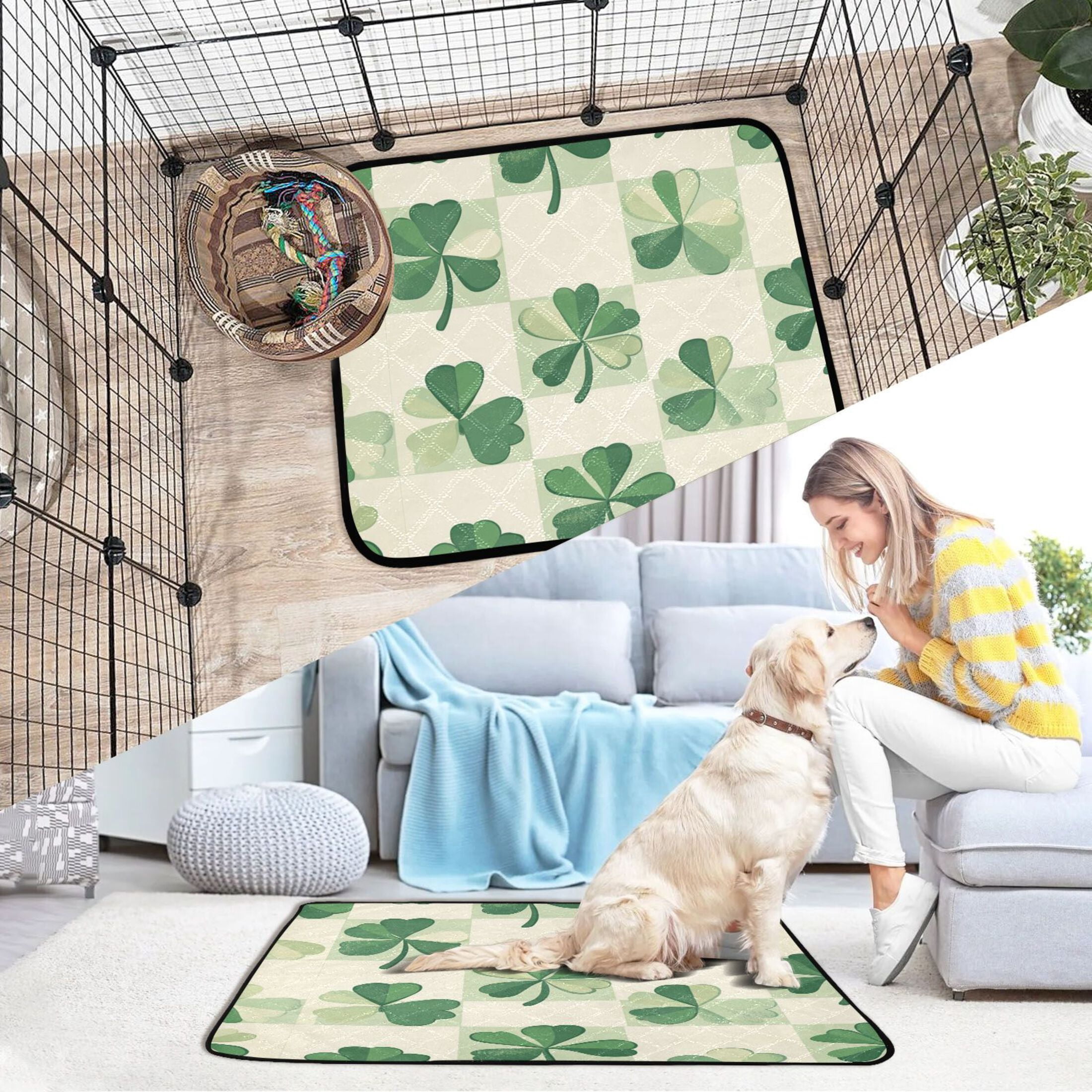 Qxltty St Patricks Lucky Clover Cat litter Pads Pet Set of 2 Diaper Mats Center Anti-leakage Layer Absorbent Soft and Comfortable