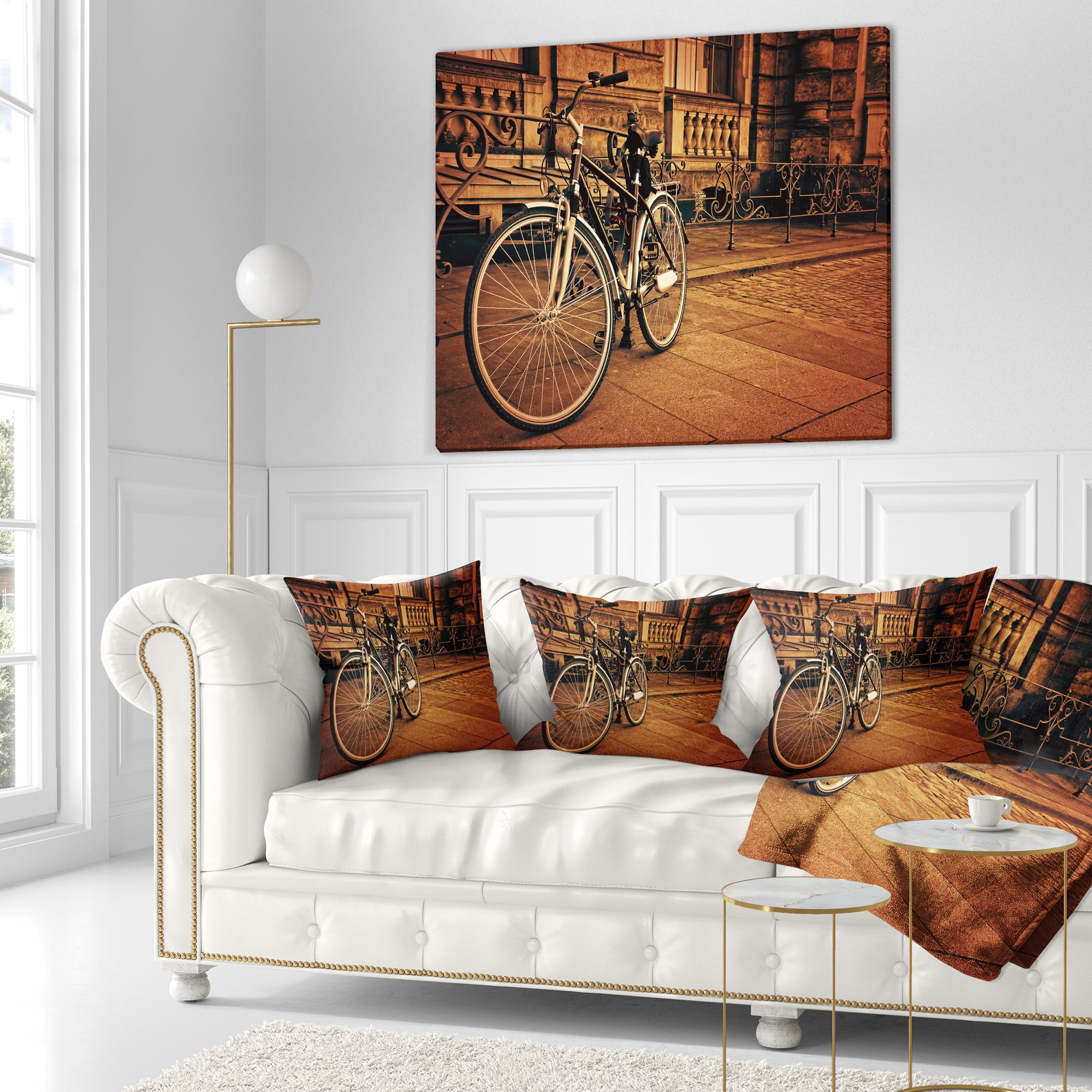 Designart Retro Bicycle against Stone Wall - Landscape Photography Throw Pillow - 16x16