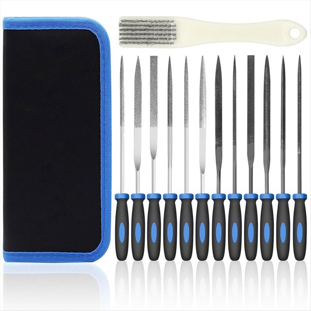 Juego de 13 Limas de Aguja de Metal con 6 Limas de Diamante, 6 Limas de Acero, Cepillo de Limpieza y Estuche de Transporte para Madera, Plástico y Bricolaje