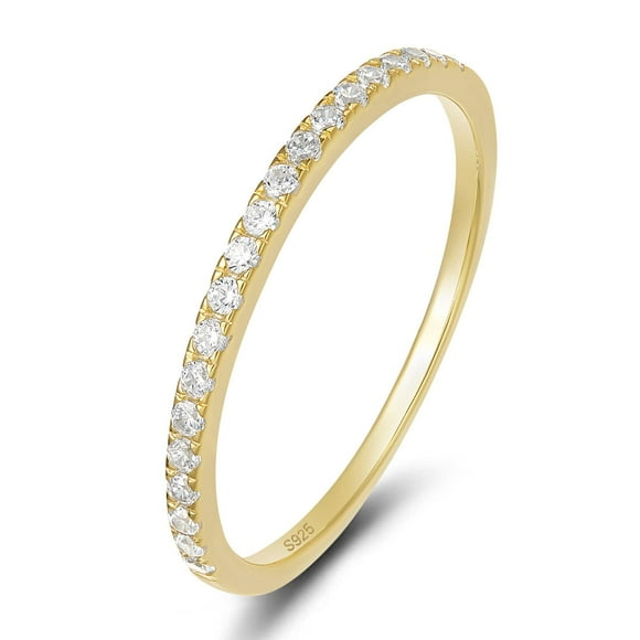 EAMTI 2mm 925 Sterling Silver 14K Gold Plated Wedding Band Cubic Zirconia Half Eternity Stackable Engagement Ring Size 4.5