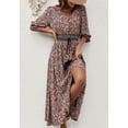 thumbnail image 3 of Paisley Print Tassel Tie Waist Slit Dress Above Ankle Length Brown Large, 3 of 5