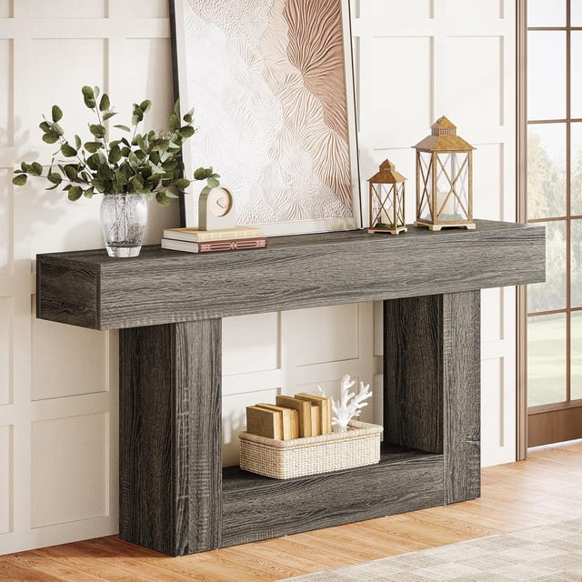 Tribesigns Table Console Longue à 2 Niveaux, Table d'Entrée en Bois de 63 Pouces Table de Sofa avec Rangement, Salon, Couloir, Gris