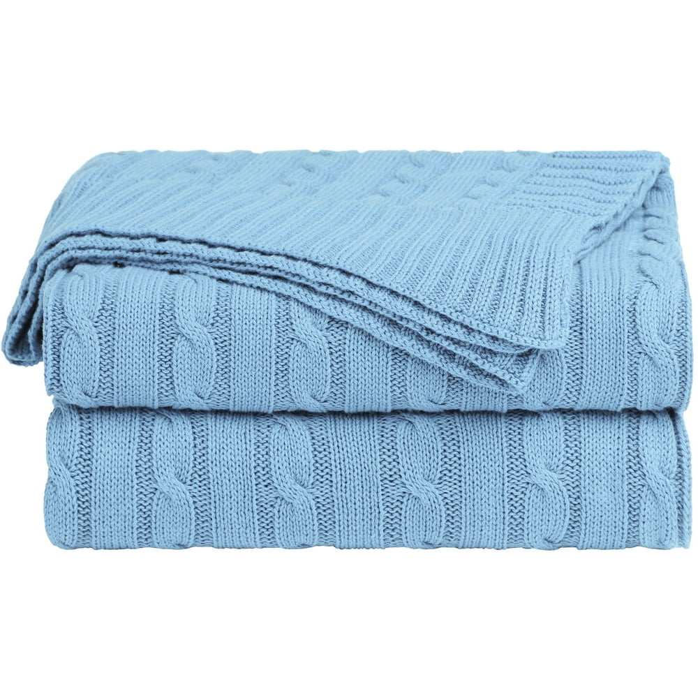 Unique Bargains 100 Cotton Cable Knit Throw Bed Blanket Pale Blue 51