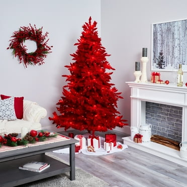 Nearly Natural 6' Red Flocked Fraser Fir Artificial Christmas Tree with 350 Red Lights, 33 Globe Bulbs
