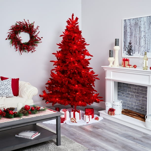 6ft. Red Flocked Fraser Fir Artificial Christmas Tree with 350 Red