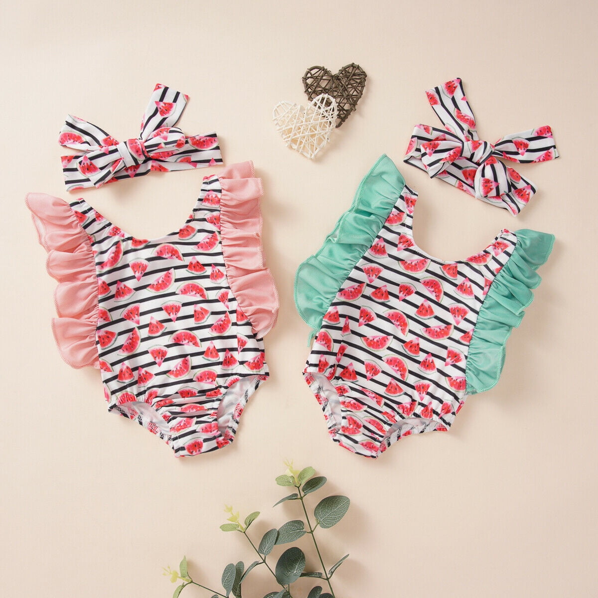 Infant Baby Girls Kid Stripe Tops+Headband Swimsuit Swimwear Swimming