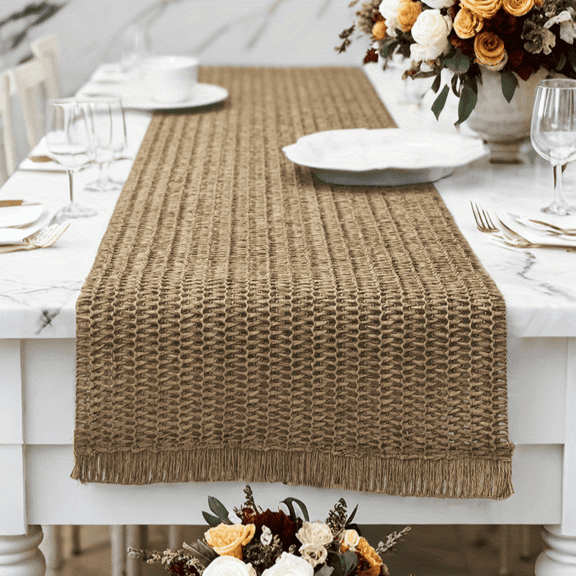 Elegant Beige Fringe Table Runner - Boho Vintage Crochet Lace, Solid Color Jacquard Weave - Perfect for Festive Dining Room & Celebration Decor, Ideal for Restaurants, Table Decor