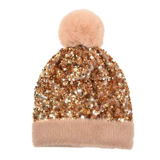 Gorro de invierno con lentejuelas para mujer | Gorro de punto suave y brillante con pompón de visón sintético | Gorro de punto cálido y brillante para el frío | Regalo elegante para las fiestas |
