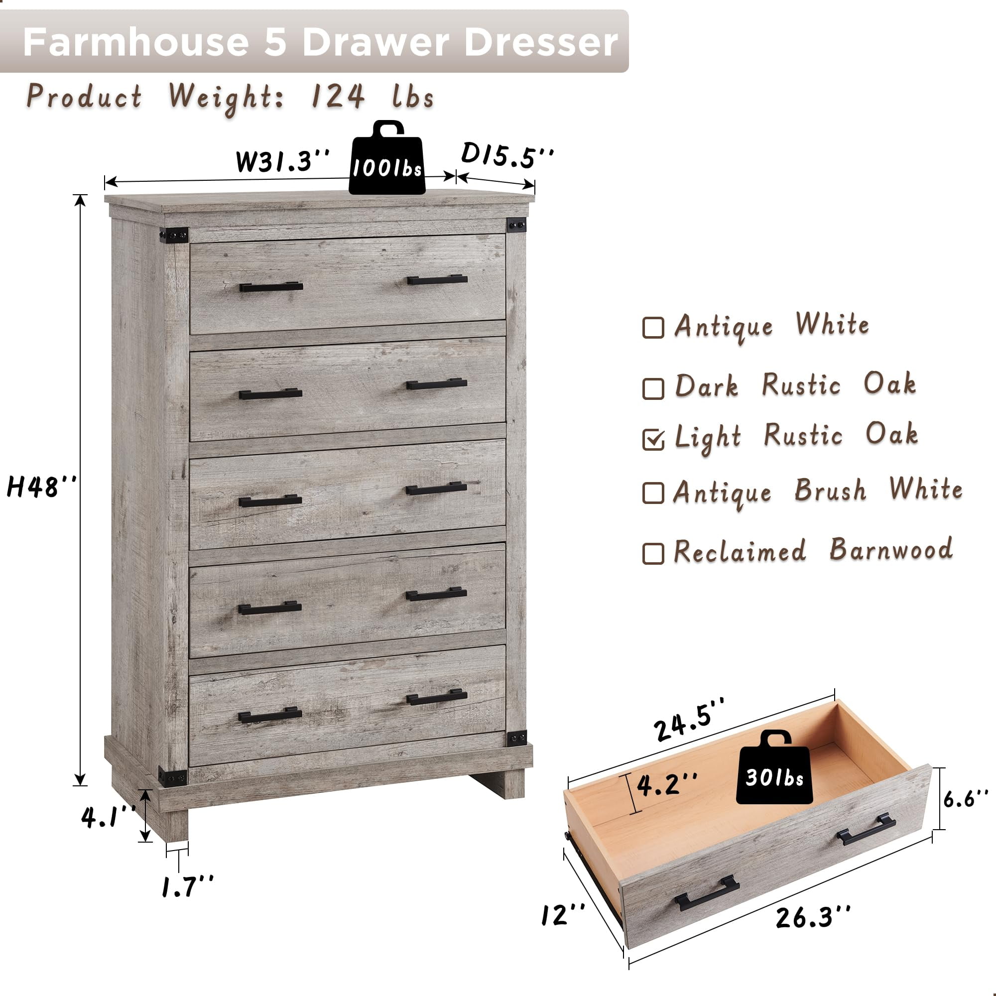 OKD Farmhouse 5 Drawers Dresser for Bedroom, Tall Chest of Drawers with Thick Plank Styling, Wood Rustic Closet Dresser for Bedroom, Living Room, Light Rustic Oak Color