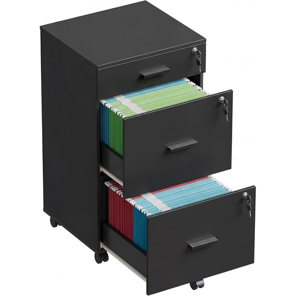 Alpinel 3 Drawer Mobile File Cabinet with Lock & Wheels, Black | Wood Printer Stand, Filing Cabinets for Home Office, Fits Letter/A4 Size