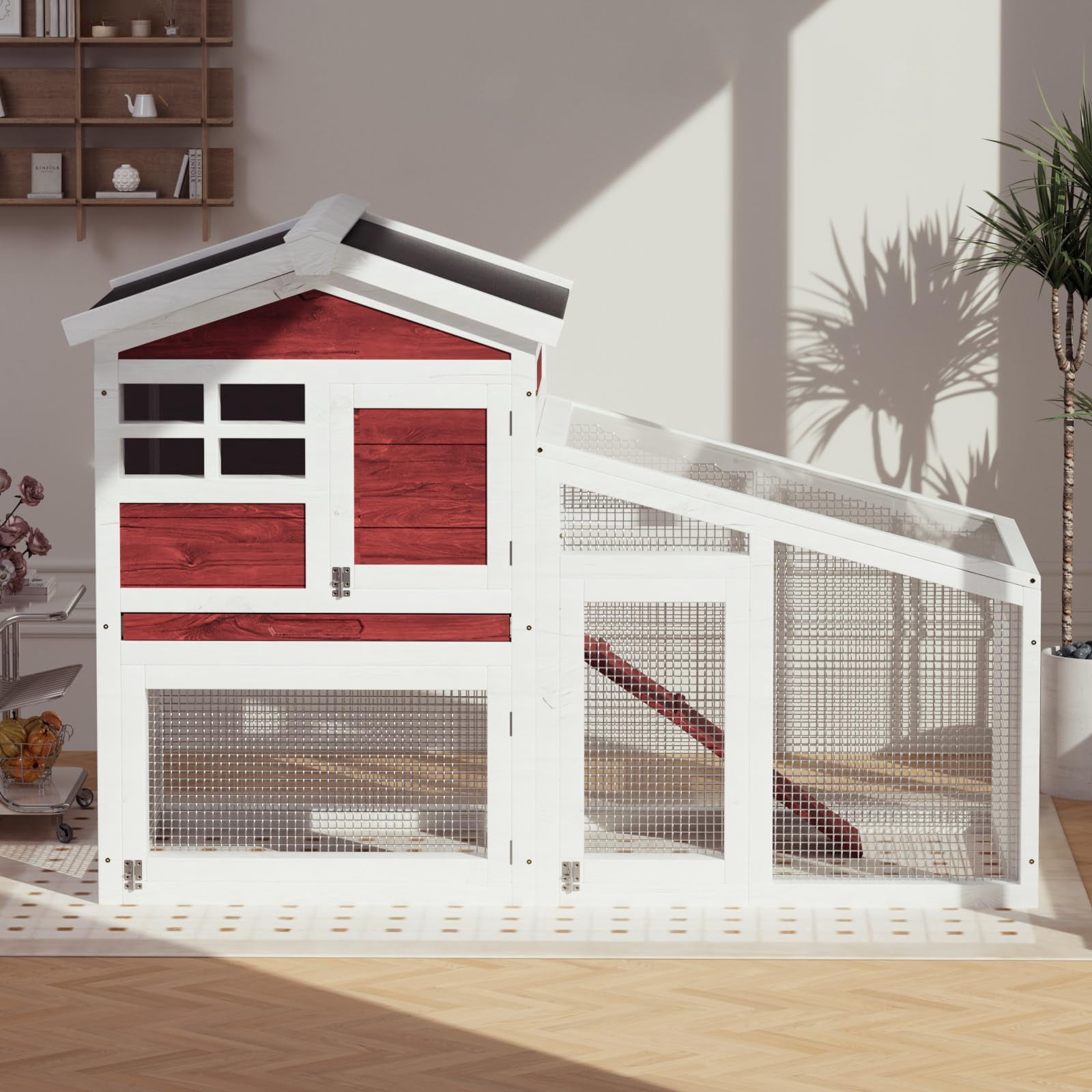 Expandable 2-Story Wooden Small Animal Cage – Anti-Chew Metal Frame, Pull-Out Tray, Non-Slip Ramp, Weatherproof Asphalt Roof – Ideal Hutch for Rabbits, Guinea Pigs, Chickens, Ducks – Rufous White