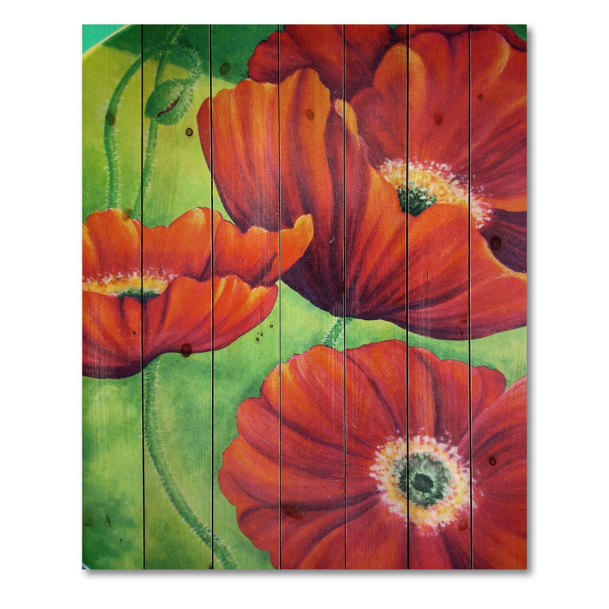 Designart 'Red Blossoming Poppies Over Wild Green V' Traditional Print on Natural Pine Wood