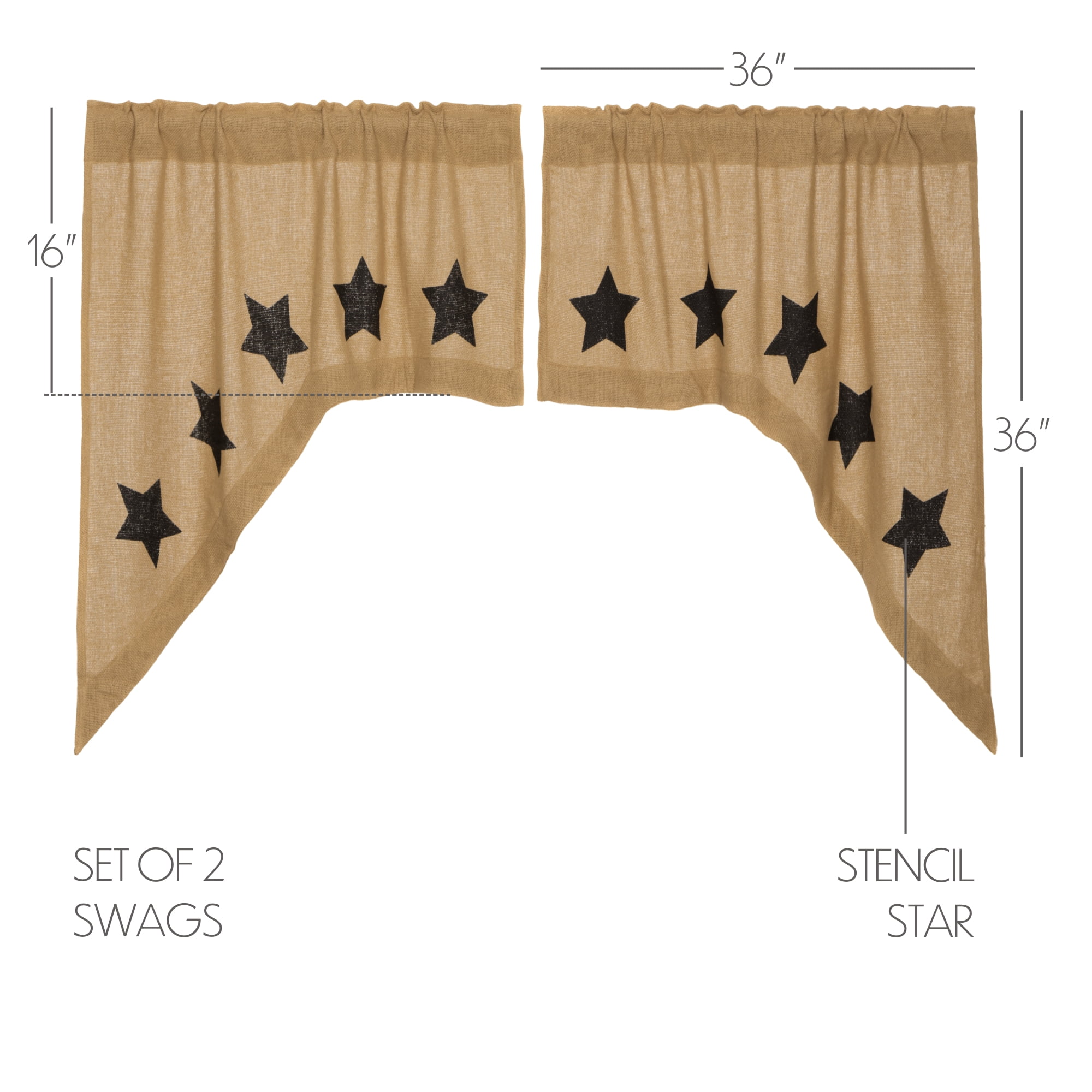 VHC Brands Burlap Natural with Black Stars Primitive 36"x36"x16" Swag Pair Tan Rod Pocket Stenciled Cotton Kitchen Window Curtains