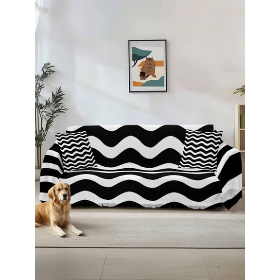 Black Moire Ombre Couch Cover for Dogs, Water Ripple Stripe Farmhouse Washable Sofa Covers Slipcover for Pets Dogs Futon Cover, Couch Recliner Covers, Oversized Chair Slipcover 71"x91"