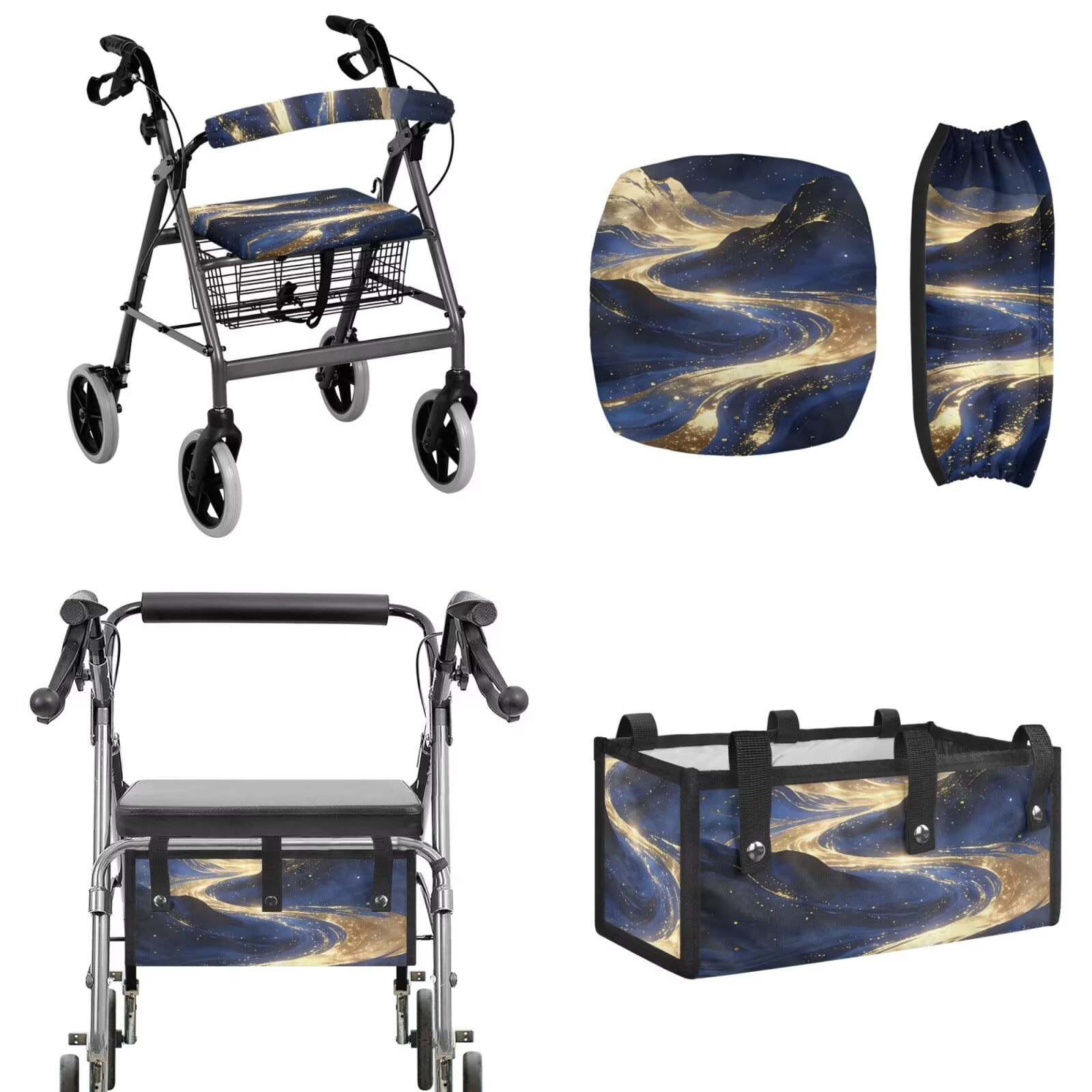 COEQINE Rollator Walker Seat and Backrest Covers with Storage Bag 3 Pieces Set, Universal Washable Rollator Walker Accessories Gifts for Seniors Ladies, Gold Blue Marble