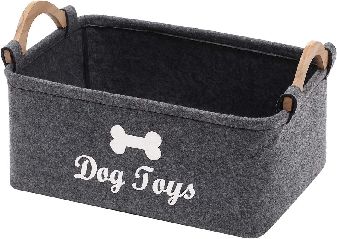 Pethiy Pet Toy Box，Felt Dog Toy Bin with Wooden Handle，Dog Toy Basket