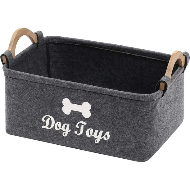 Pethiy Pet Toy Box，Felt Dog Toy Bin with Wooden Handle，Dog Toy Basket