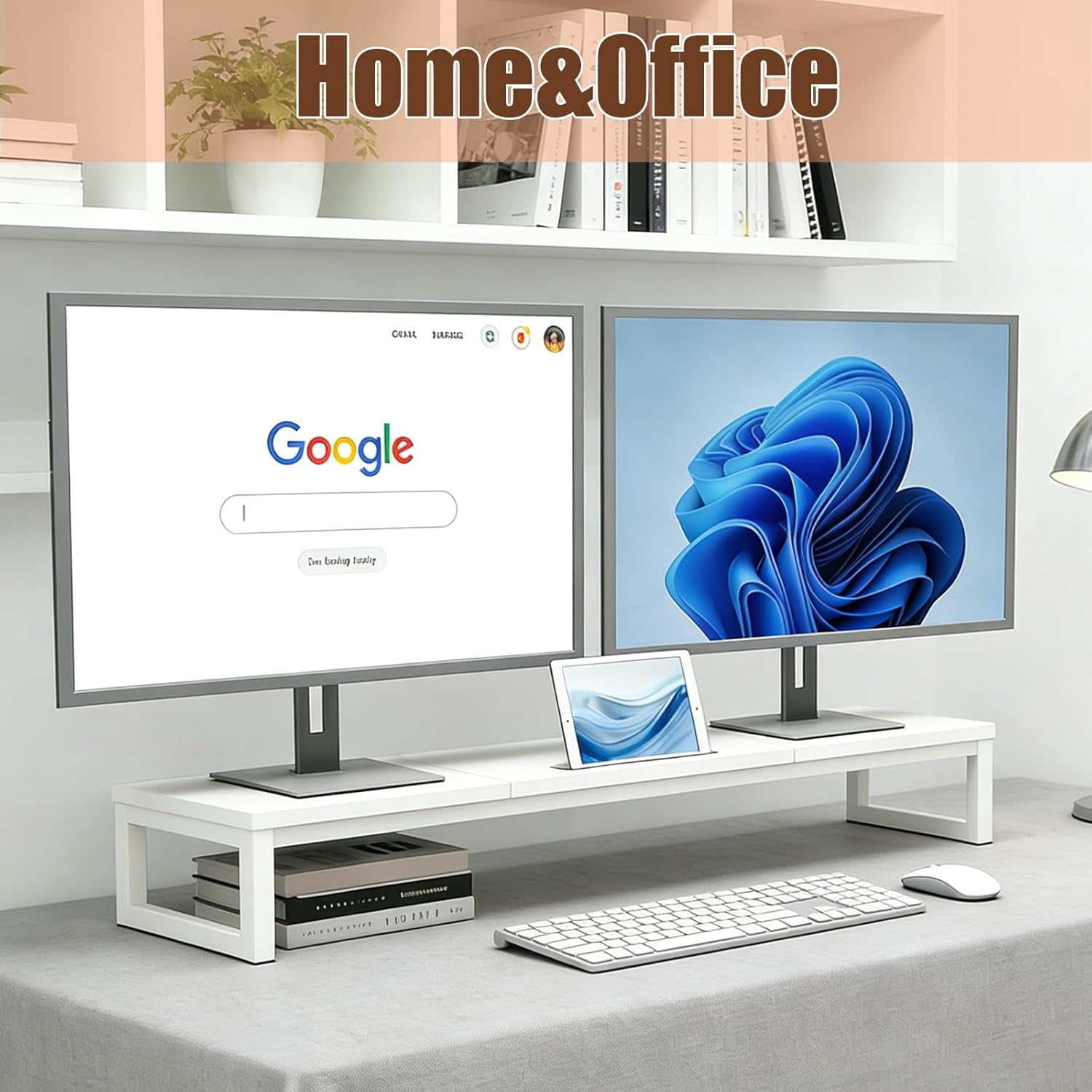 Dual Monitor Stand Riser 38.7 Inch Long Wood & Steel, 2 Monitors Desktop Stand with Tablet Holder, Ergonomic Organizer for Computer Laptop TV