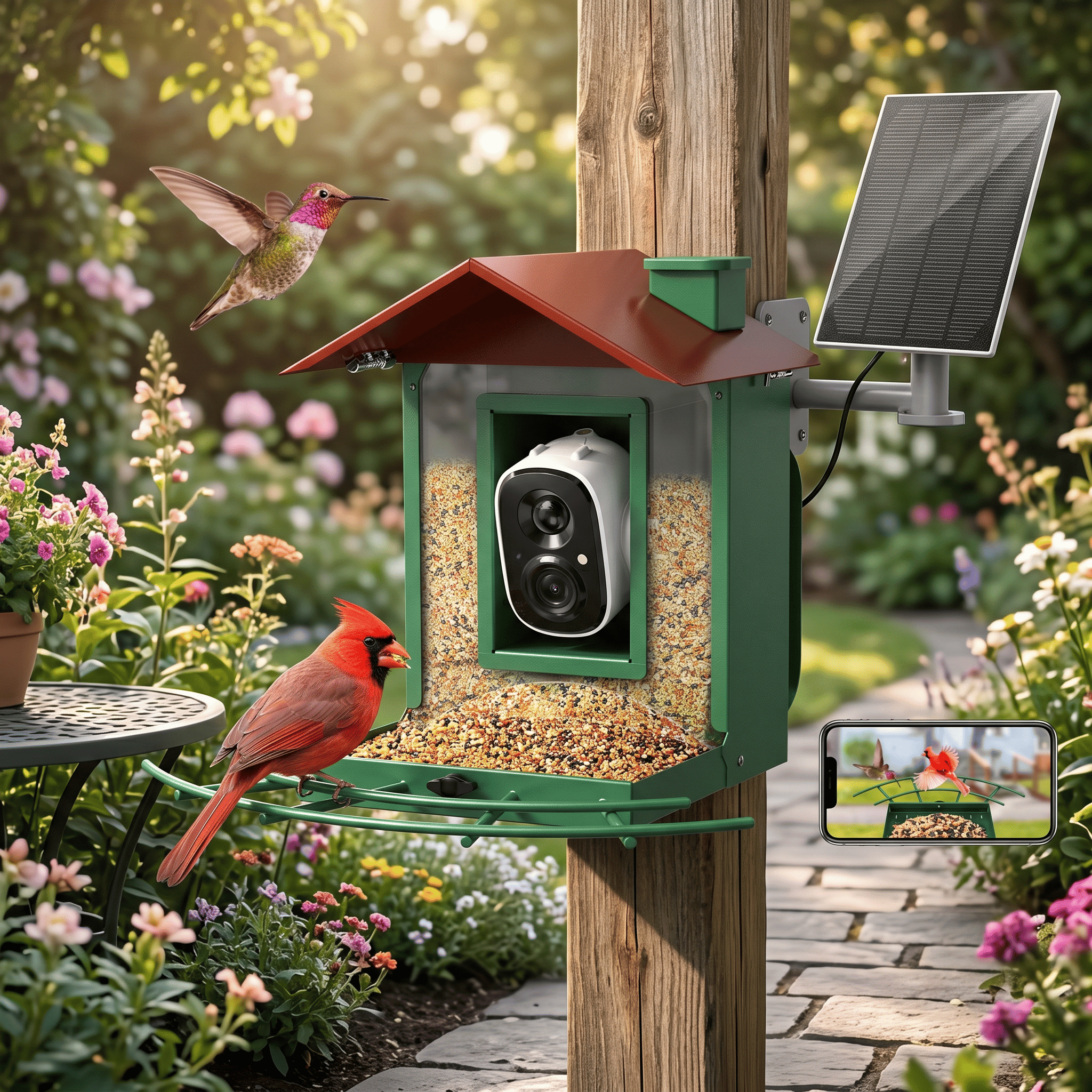 AI Bird Feeder Camera with Solar, 2K Night Vision, Identifies 1000+ Species, Outdoor Gift for Bird Lovers Father's Day Gifts