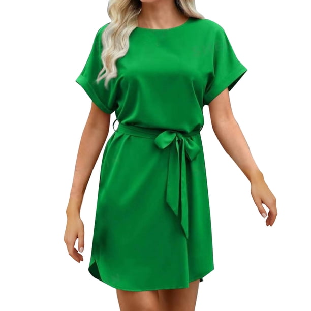 Vestido de Manga Corta para las Mujeres, Color Sólido Encaje Hasta Cintura Retracta Satén Tenedor Dividido, Cuello Redondo Midi