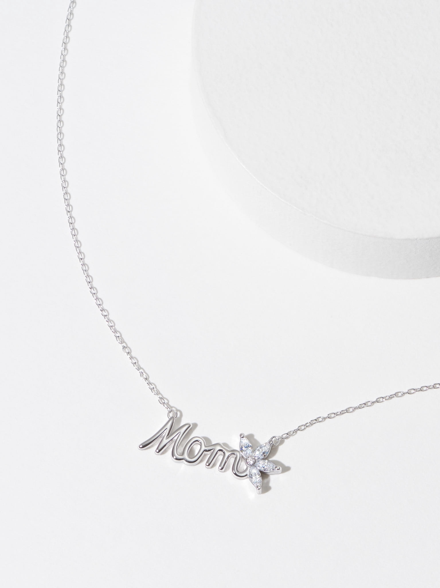 Forever Facets Women's 925 Sterling Silver "Mom" and Marquise Cubic Zirconia Flower Necklace Gift for Her