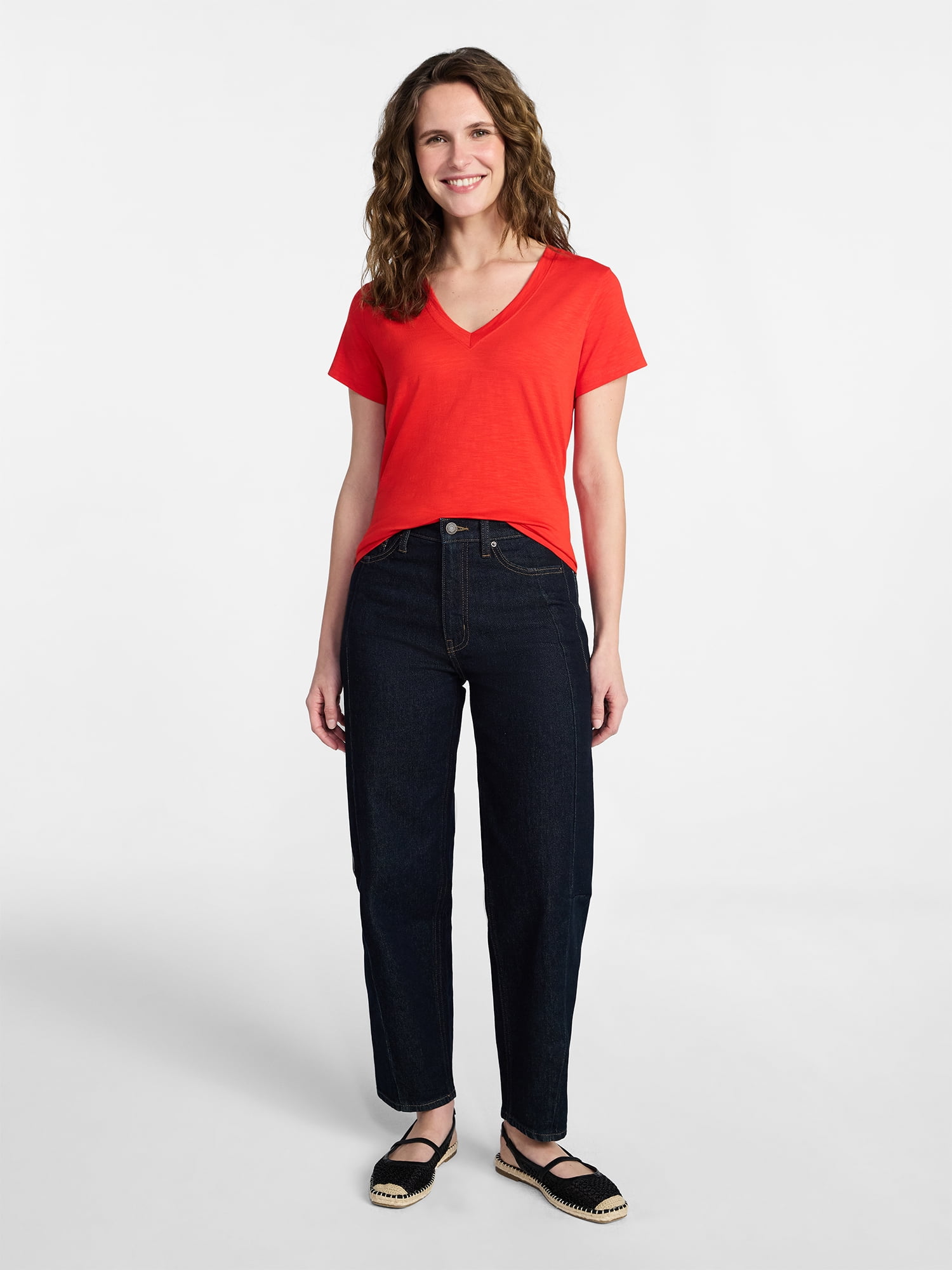 Time and Tru Women's Slub V Neck Tee with Short Sleeves, Sizes XS-XXXL