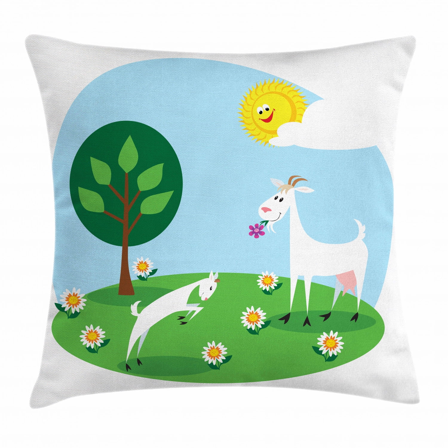 Goat Throw Pillow Cushion Cover, Cartoon Goat and His Baby Playing in