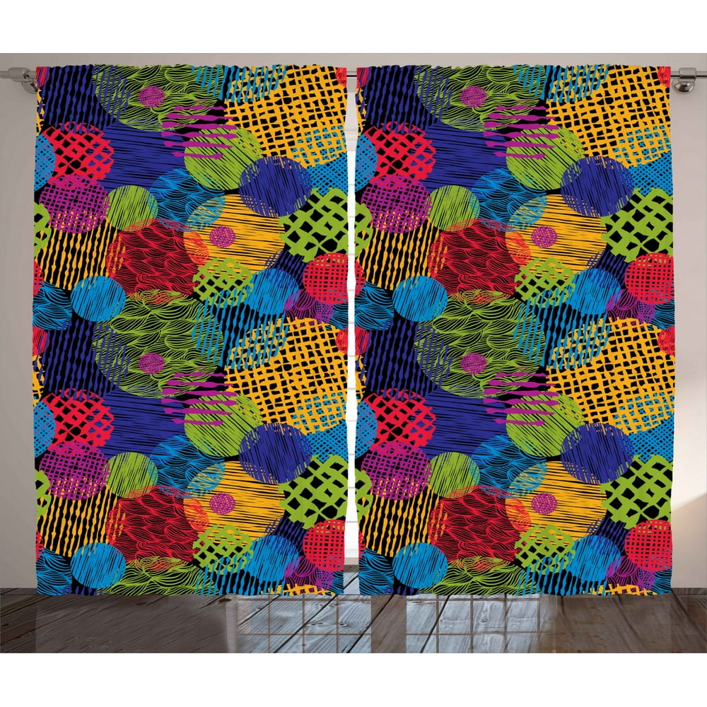 Funky Curtains 2 Panels Set, Grunge Stylized Murky Sketchy Geometric