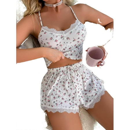 

Women s Pajama Sets White Cute Ditsy Floral Spaghetti Strap Short Sets Sleeveless