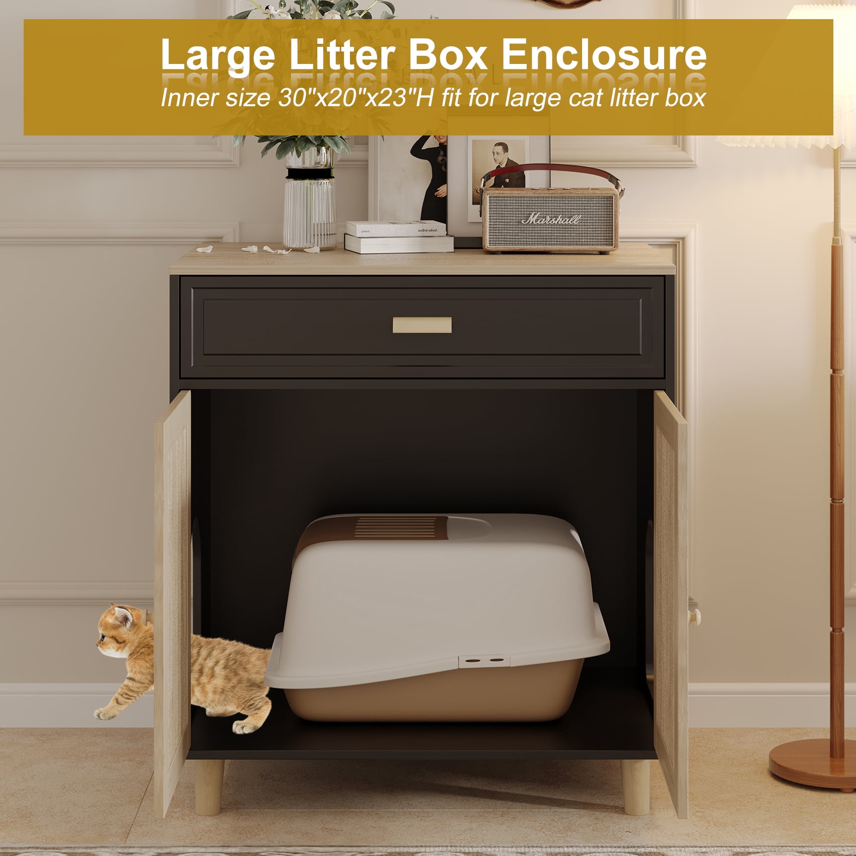 Faceket Large Hidden Indoor 2-in-1 Cat House and Washroom Cabinet Wooden Cat Litter Box Furniture with Scratching Board Doors and Drawer, Black
