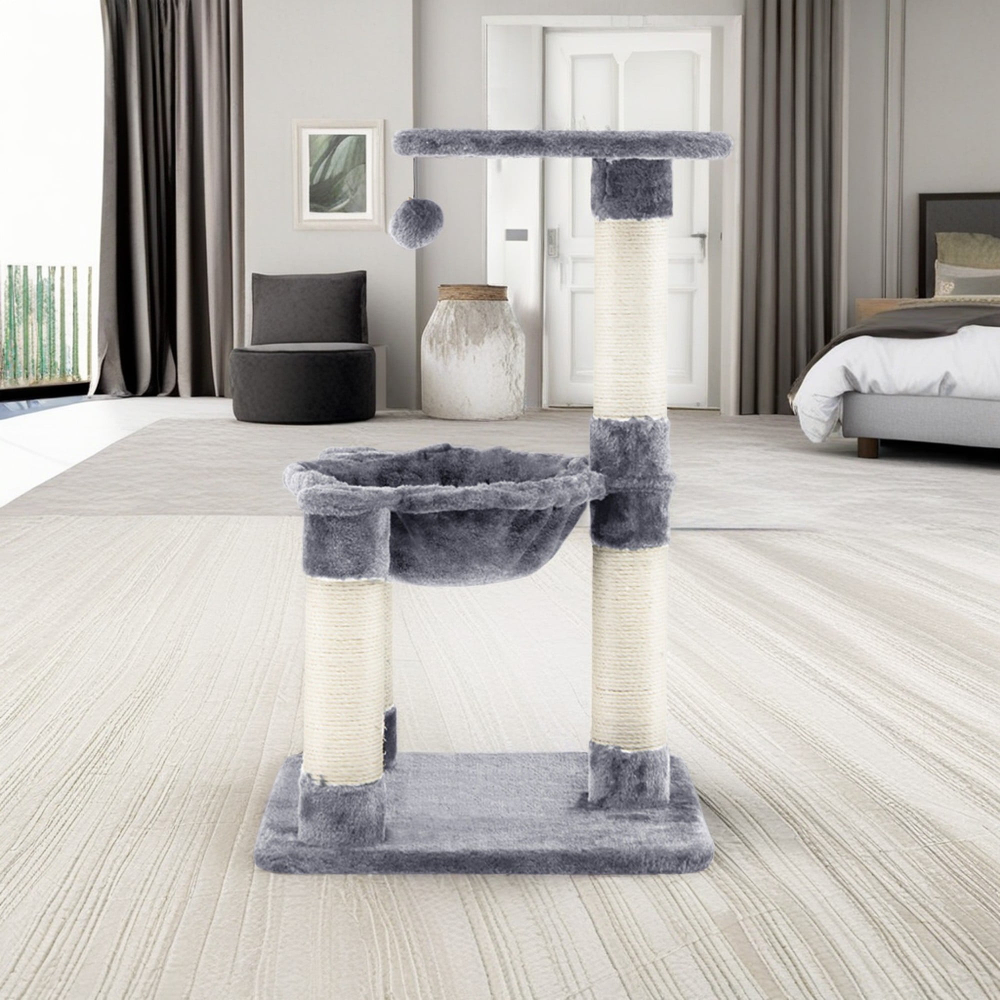 Kadyn 25" Cat Scratching Post, Sisal Rope Scratcher Tree with Hammock and Dangling Ball, Multi-level Cat Tree for Kittens and Adult Cats, Gray Kadyn 25" Cat Scratching Post, Sisal Rope Scratcher Tree with Hammock and Dangling Ball, Multi-level Cat Tree for Kittens and Adult Cats, Gray