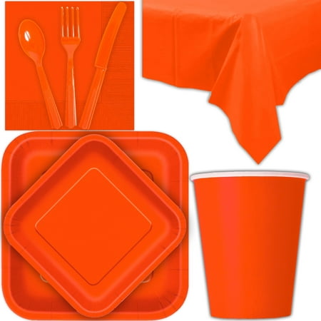 Disposable Party Supplies for 28 Guests - Pumpkin Orange - Square Dinner Plates, Square Dessert Plates, Cups, Lunch Napkins, Cutlery, and Tablecloths:  Tableware Set