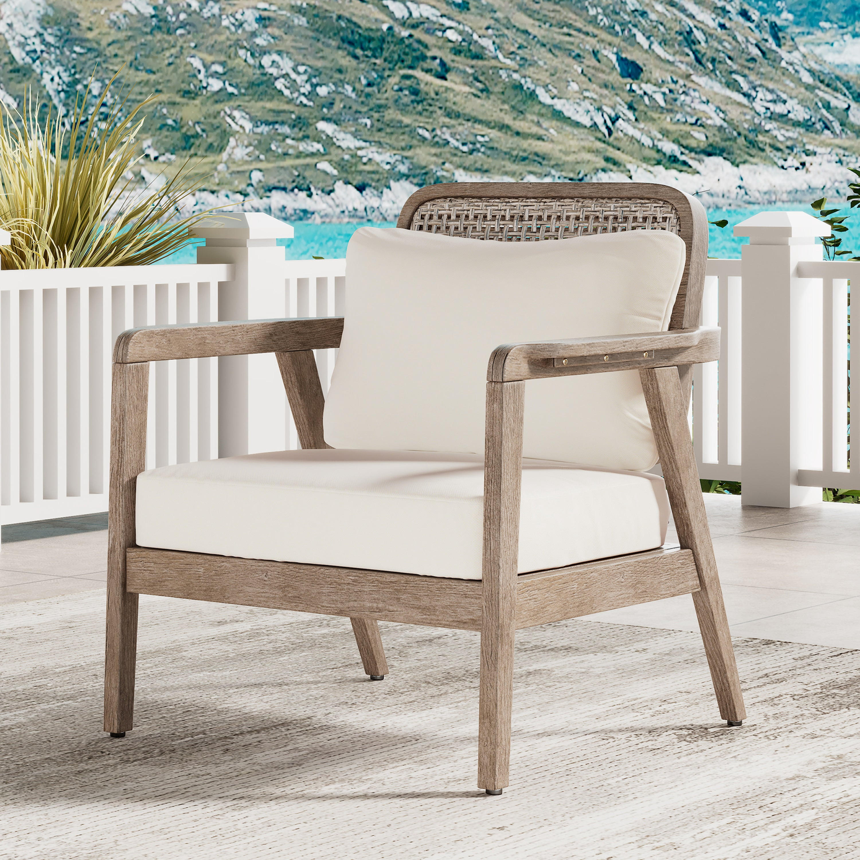 Outdoor Acacia Wood Patio Club Chair, Patio Furniture Waterproof Thick Cushion for Porch Garden, Light Brown and Cream