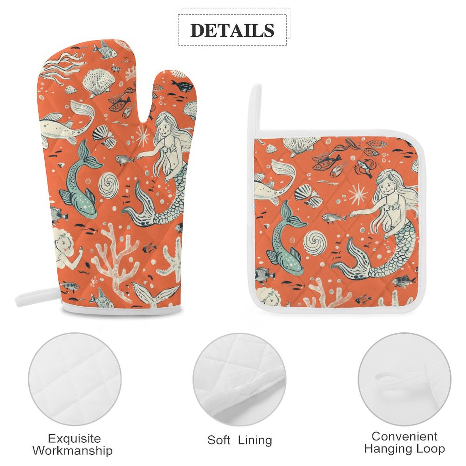 Ocean Cute Mermaid Oven And Pot Holders Sets, Heat Resistant Pads Kitchen Decor for Cooking Baking BBQ Grilling, Christmas Kitchen Gifts