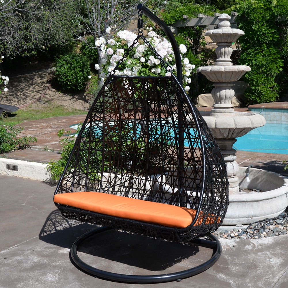 2 Person 418 Lbs Cap Black Orange Egg Shape Wicker Rattan Swing Chair Hanging Hammock
