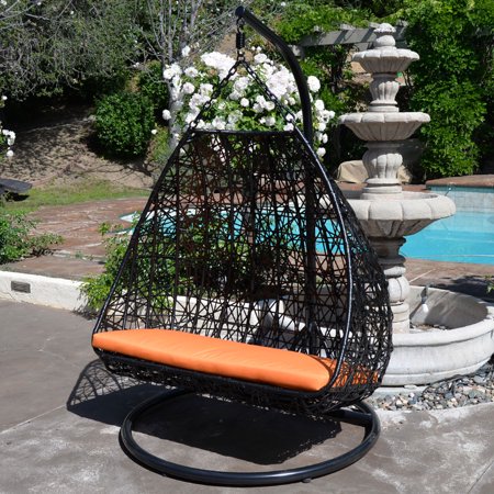 2 Person 418 Lbs Cap Black Orange Egg Shape Wicker Rattan Swing Chair Hanging Hammock