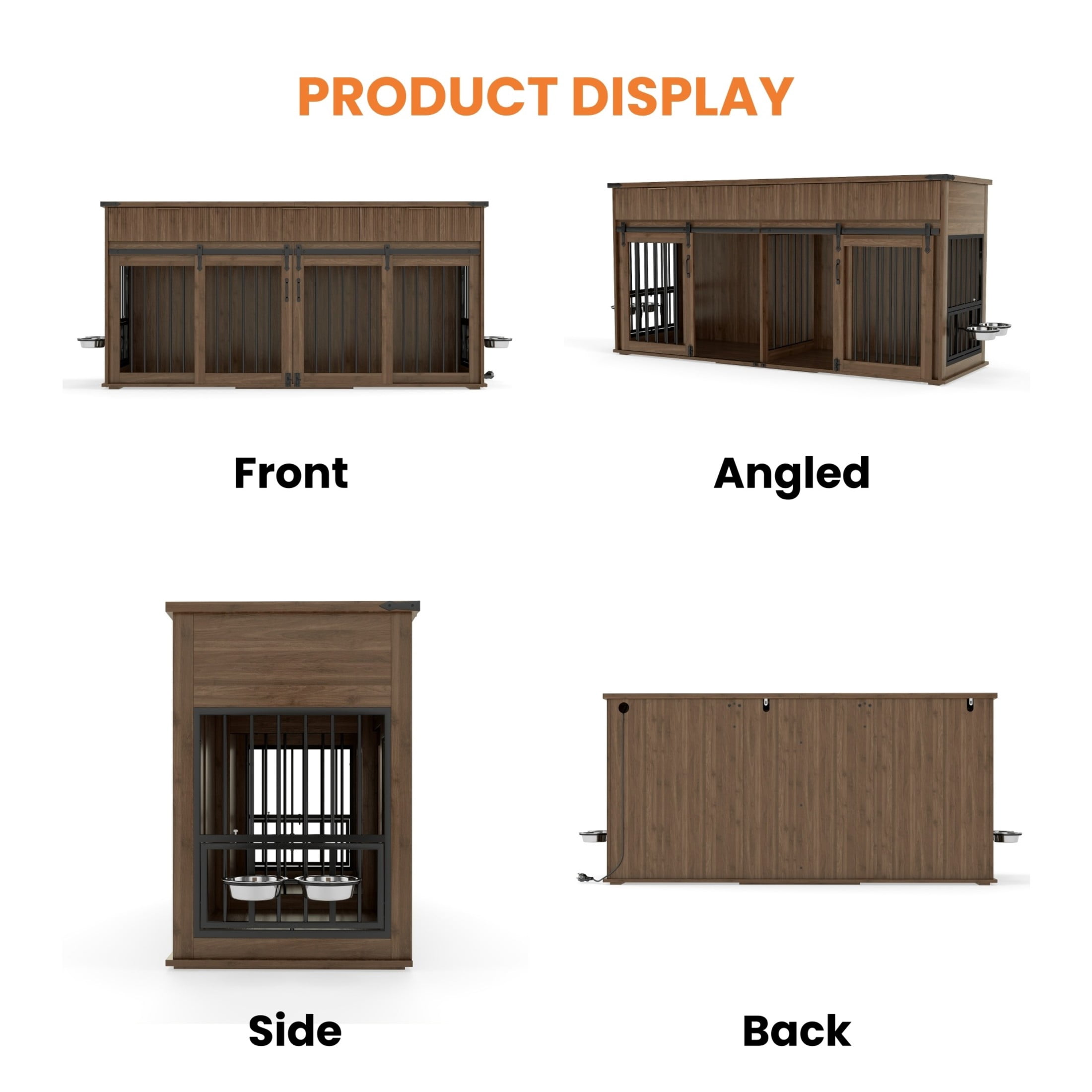 Noble House 71" Double Dog Crate Furniture with Fluted Drawers, Large Kennel with Charging Station, Walnut